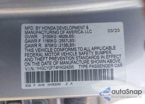 2023 Honda Accord Hybrid Sport-L from USA, damaged, VIN 1HGCY2F74PA024295